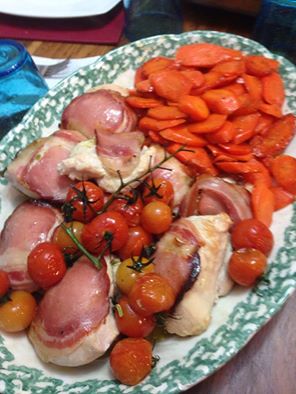 chicken with honey carrots and roasted tomatoes